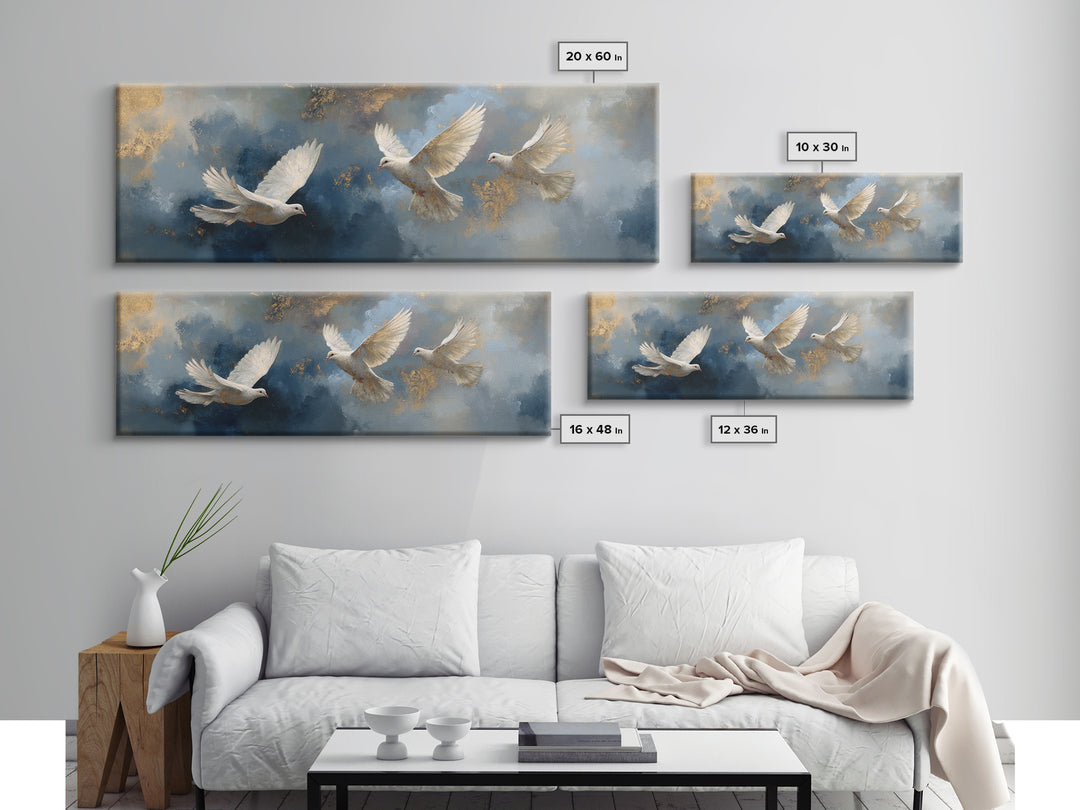 Doves Flying Through Soft Golden Light Framed Canvas Print, Wedding Art, Gallery Decor, Living Room Decor, Fine Art, Romance, WED-3x1-99