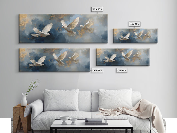 Doves Flying Through Soft Golden Light Framed Canvas Print, Wedding Art, Gallery Decor, Living Room Decor, Fine Art, Romance, WED-3x1-99