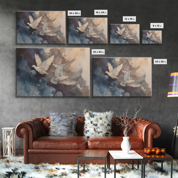 Doves Flying Through Soft Golden Light Framed Canvas Print, Wedding Art, Minimalist Decor, Living Room Decor, Fine Art, Romance, WED-3x2-15