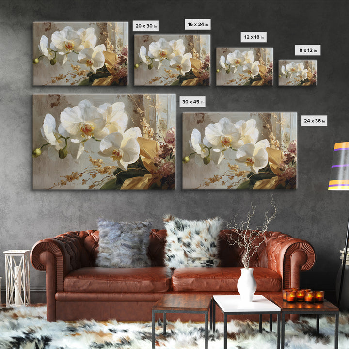 White Orchid and Gold Ribbon Composition Framed Canvas Print, Wedding Art, Wedding, Living Room Decor, Fine Art, Romance, WED-3x2-28
