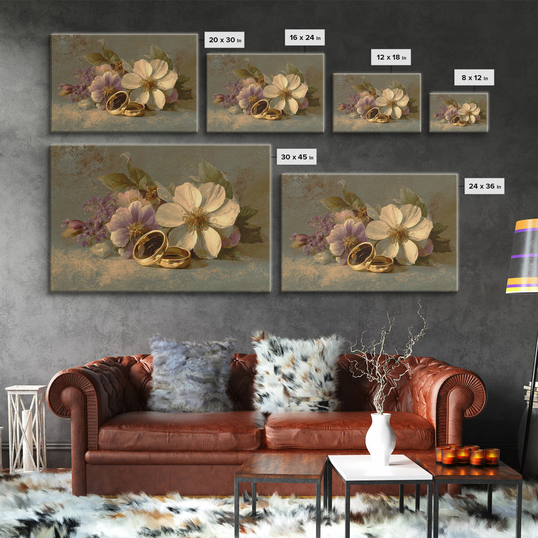 Gold Rings Resting on Velvet and Flowers Framed Canvas Print, Wedding Art, Wedding Guestbook, Living Room Decor, Romance, WED-3x2-31