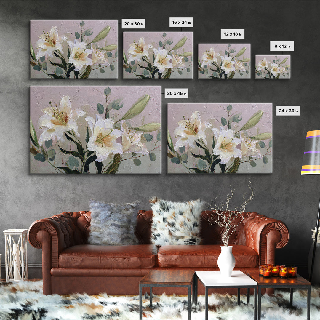 White Lilies and Eucalyptus Arrangement Canvas Print, Wedding Art, Wedding Guestbook, Living Room Decor, Oil Painting, Romance, WED-3x2-37
