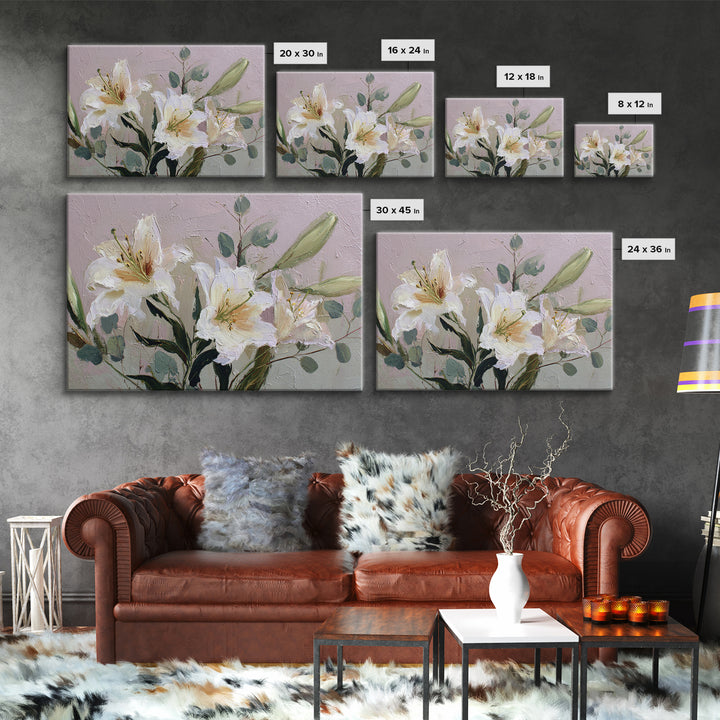 White Lilies and Eucalyptus Arrangement Canvas Print, Wedding Art, Wedding Guestbook, Living Room Decor, Oil Painting, Romance, WED-3x2-37