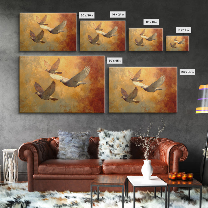 Doves Flying Through Soft Golden Light Framed Canvas Print, Wedding Art, Bride and Groom, Living Room Decor, Fine Art, Romance, WED-3x2-39