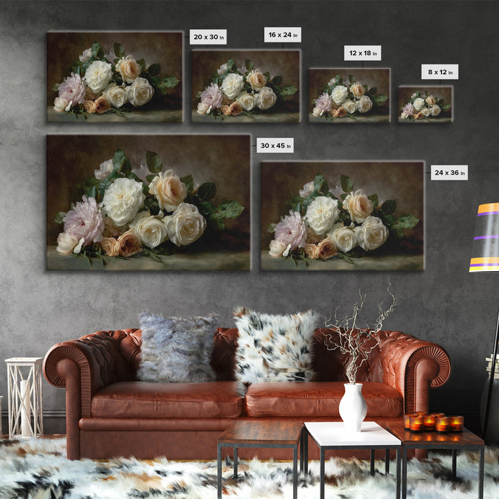 Romantic Bouquet of White Roses and Peonies Canvas Print, Wedding Art, Downloadable Art, Living Room Decor, Fine Art, Romance, WED-3x2-53