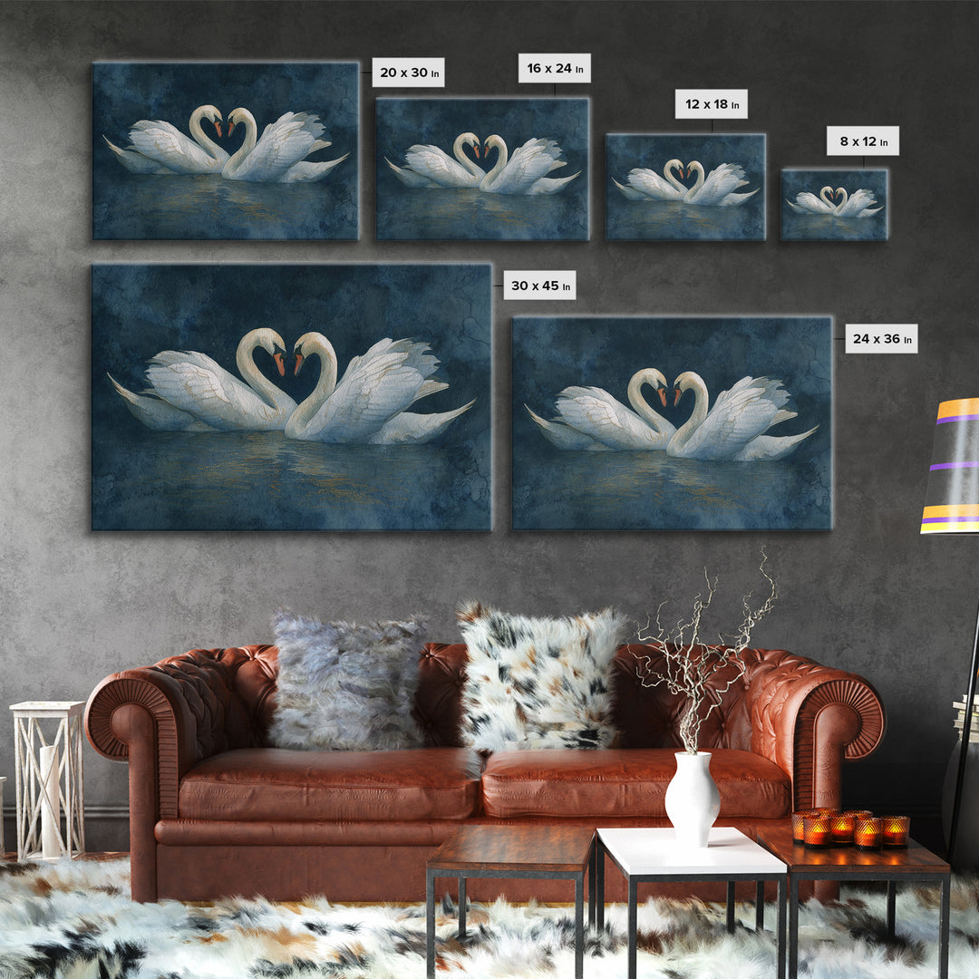 Two Swans Forming a Heart on Dark Framed Canvas Print, Wedding Art, Art Print, Living Room Decor, Romance, Downloadable Art, WED-3x2-6