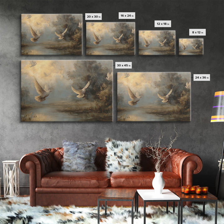 Doves Flying Through Soft Golden Light Framed Canvas Print, Wedding Art, Contemporary Art, Living Room Decor, Fine Art, Romance, WED-3x2-63