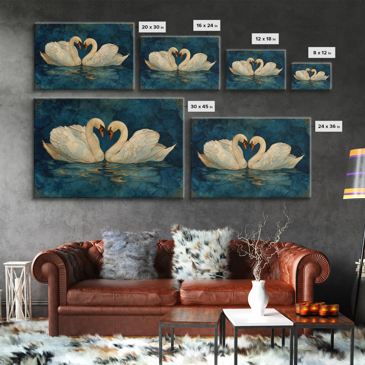 Two Swans Forming a Heart on Dark Framed Canvas Print, Wedding Art, Wedding Decoration, Living Room Decor, Fine Art, Romance, WED-3x2-78