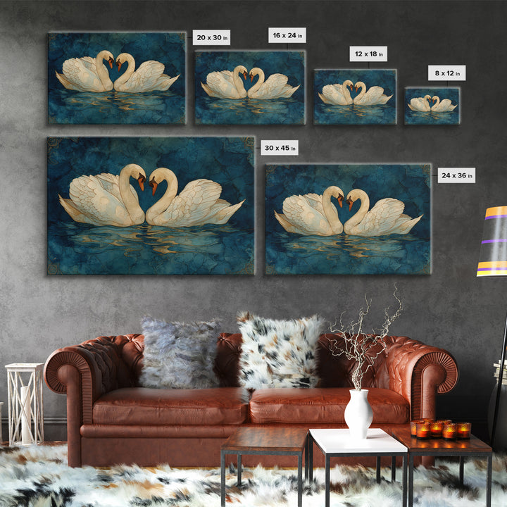 Two Swans Forming a Heart on Dark Framed Canvas Print, Wedding Art, Wedding Decoration, Living Room Decor, Fine Art, Romance, WED-3x2-78