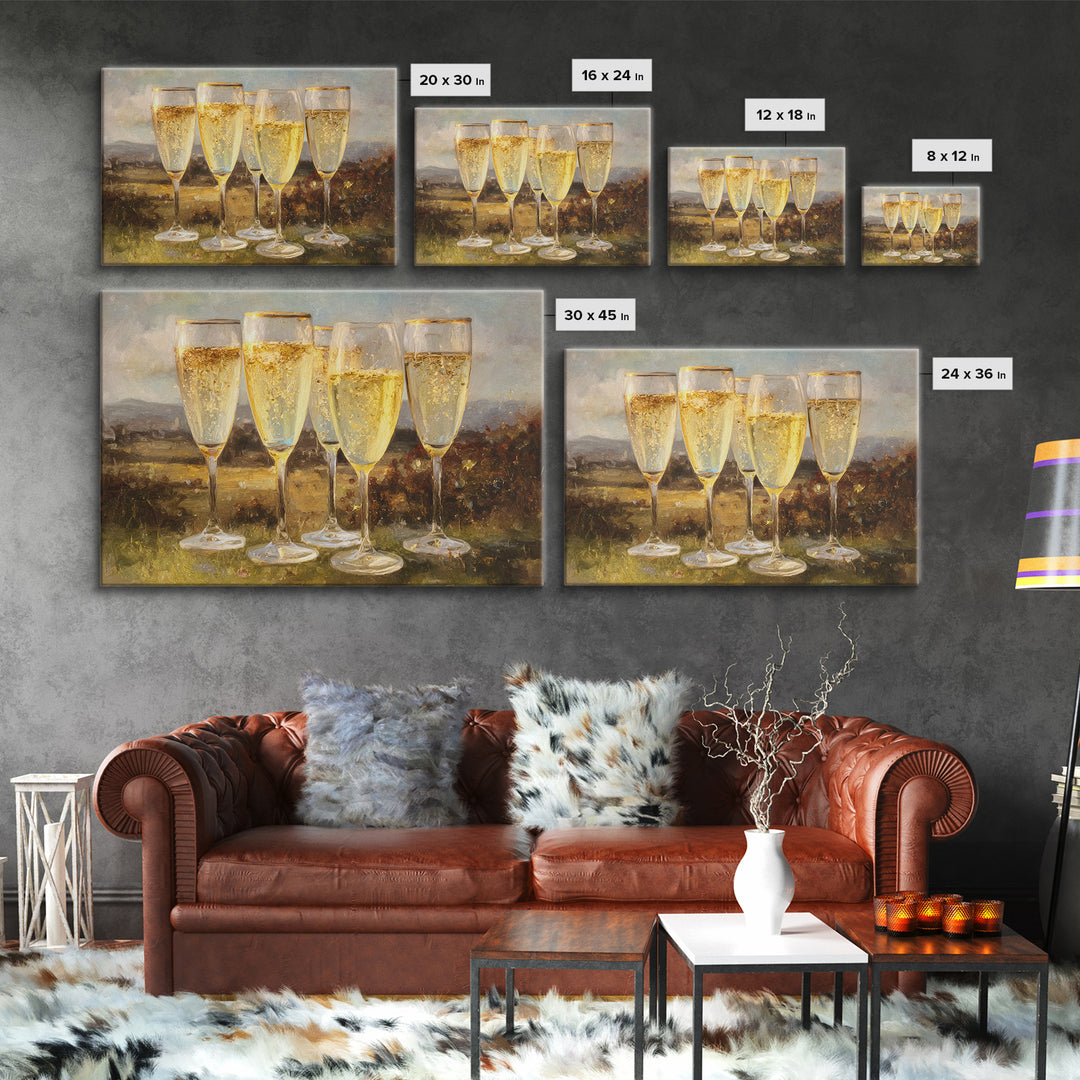 Champagne Glasses with Delicate Sparkle Framed Canvas Print, Wedding Art, Downloadable Art, Living Room Decor, Oil Painting, WED-3x2-82