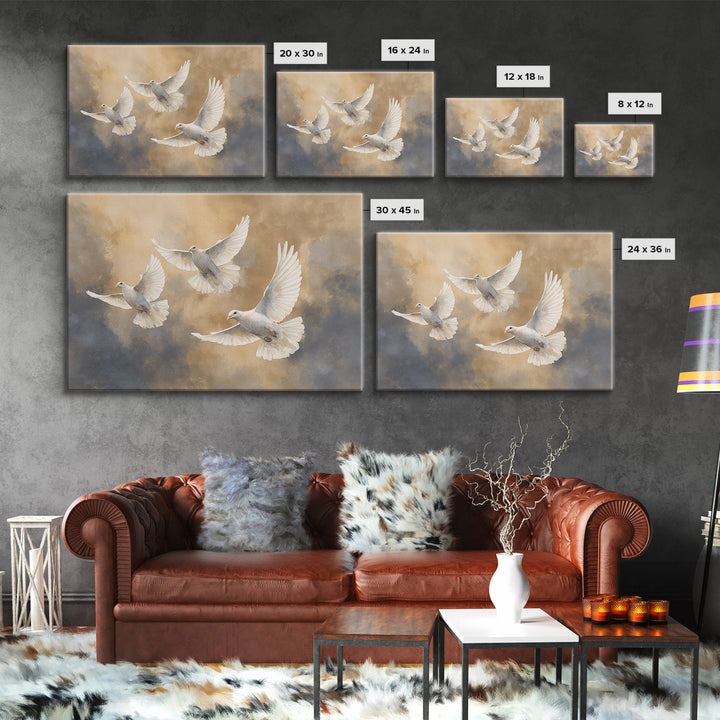 Doves Flying Through Soft Golden Light Framed Canvas Print, Wedding Art, Beach Wedding, Living Room Decor, Fine Art, Romance, WED-3x2-87