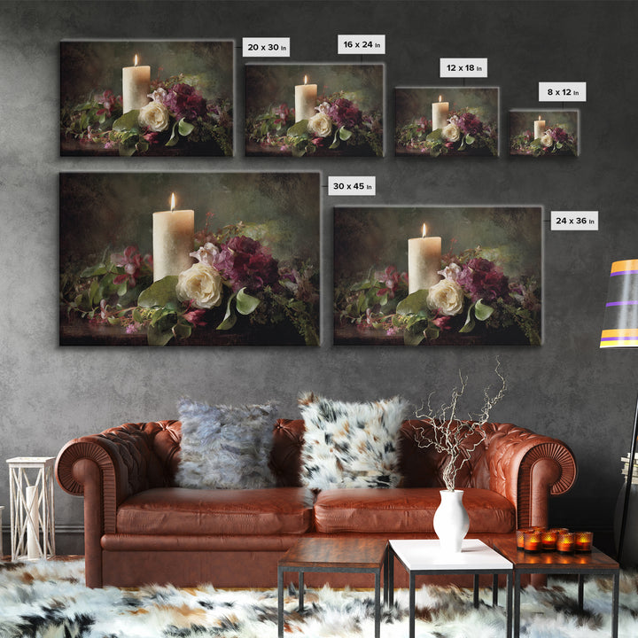 Romantic Candle and Floral Still Life Canvas Print, Wedding Art, Jewish Art, Living Room Decor, Oil Painting, Romance, WED-3x2-98