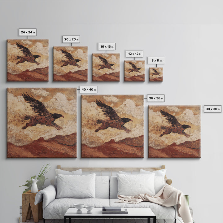 Eagle Flying Above Mountain Ridge Canvas Print, Western Art, Rustic Wall Art, Southwestern Decor, Watercolor Art, Frontier, WES-1x1-13
