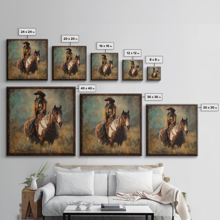 Cowgirl Portrait with Turquoise Jewelry Canvas Print, Western Art, Desert Art, Southwestern Decor, Oil Painting, Frontier, WES-1x1-30