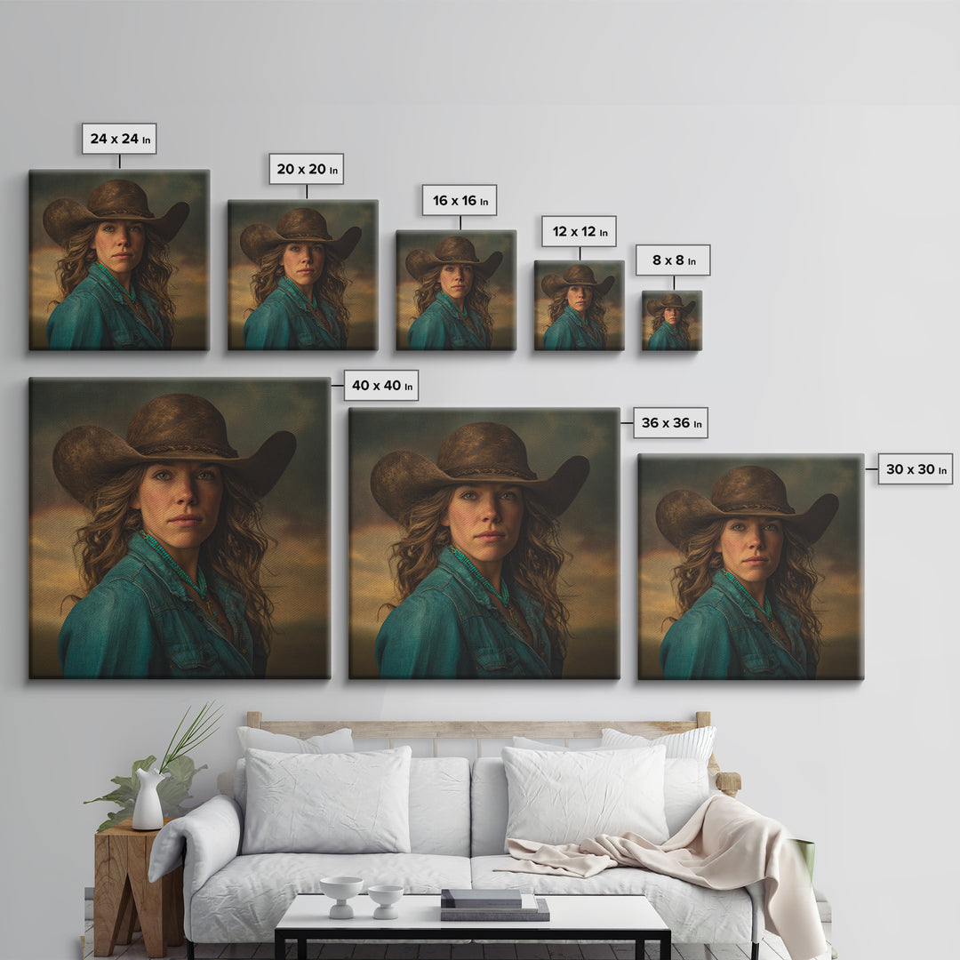 Cowgirl Portrait with Turquoise Jewelry Framed Canvas Print, Western Art, Southwestern Decor, Fine Art, Frontier, Boho Decor, WES-1x1-6