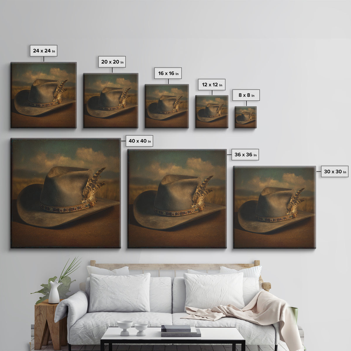 Cowboy Hat with Feathers and Beads Framed Canvas Print, Western Art, Western Print, Southwestern Decor, Fine Art, Frontier, WES-1x1-70