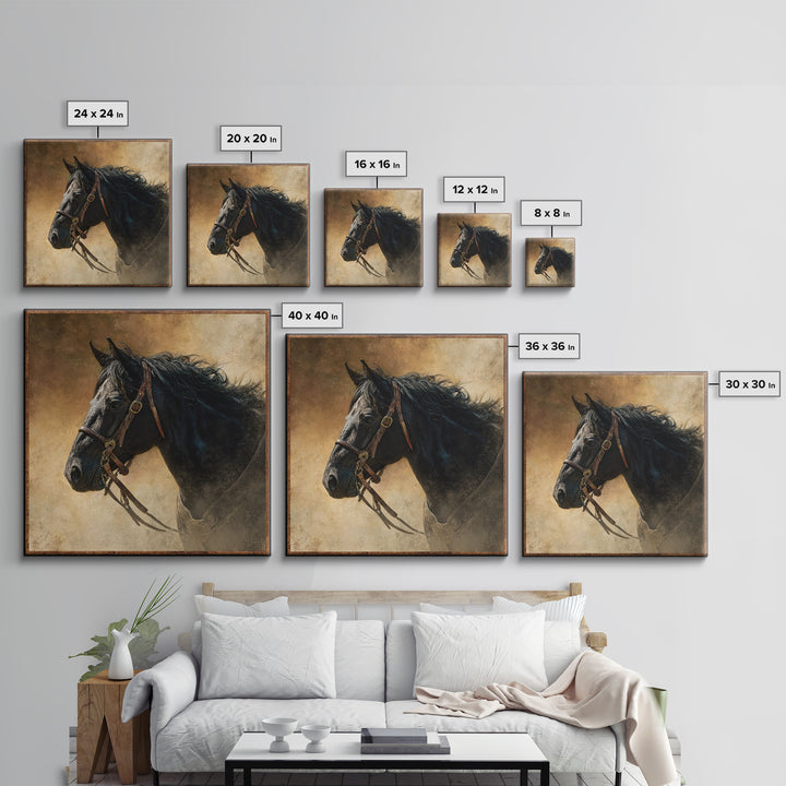 Black Horse Portrait Canvas Print, Western Art, Neutral Decor, Southwestern Decor, Fine Art, Frontier, Home Decor, Wall Decor, WES-1x1-90