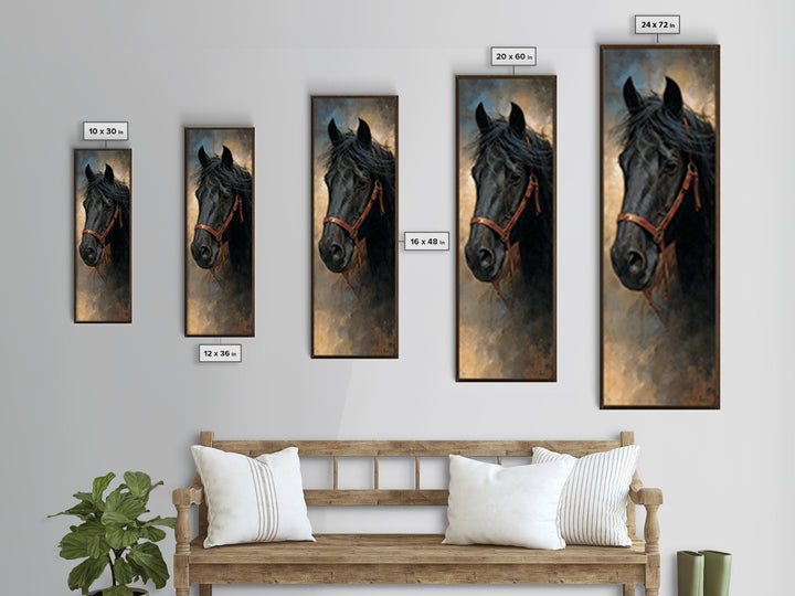 Black Horse Portrait Framed Canvas Print, Western Art, Desert Art, Southwestern Decor, Oil Painting, Frontier, Minimalist Decor, WES-1x3-54