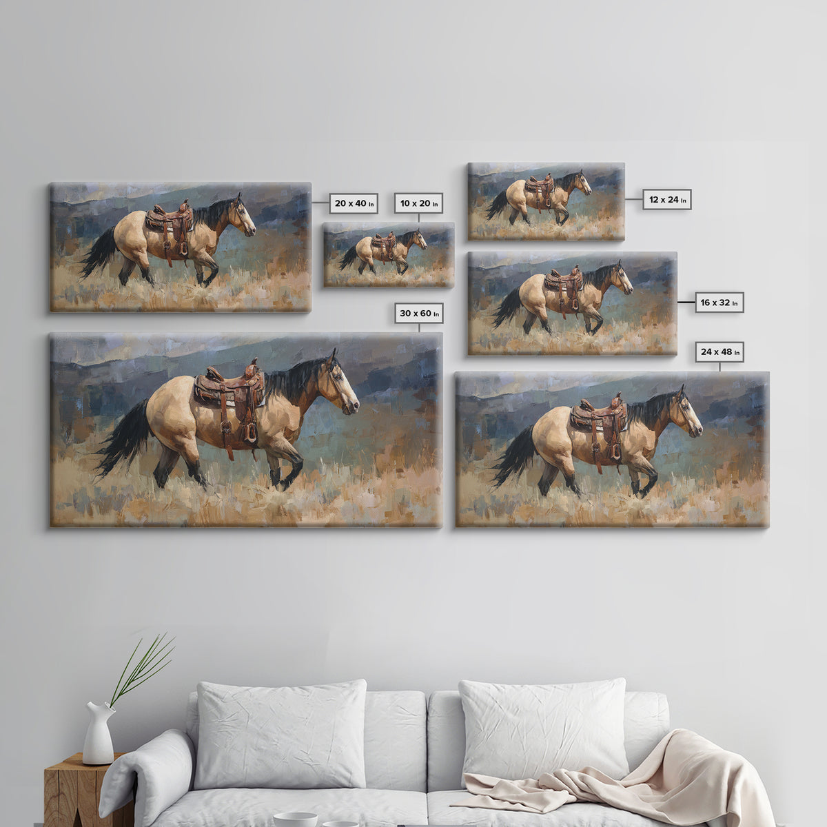 Buckskin Horse in Golden Prairie Light Framed Canvas Print, Western Art, Boho Decor, Southwestern Decor, Oil Painting, Frontier, WES-2x1-27