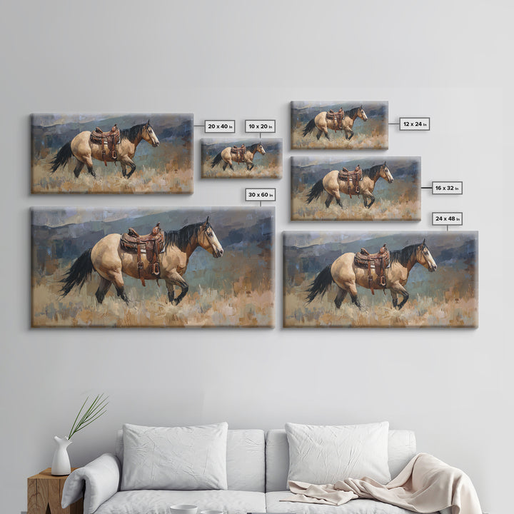 Buckskin Horse in Golden Prairie Light Framed Canvas Print, Western Art, Boho Decor, Southwestern Decor, Oil Painting, Frontier, WES-2x1-27