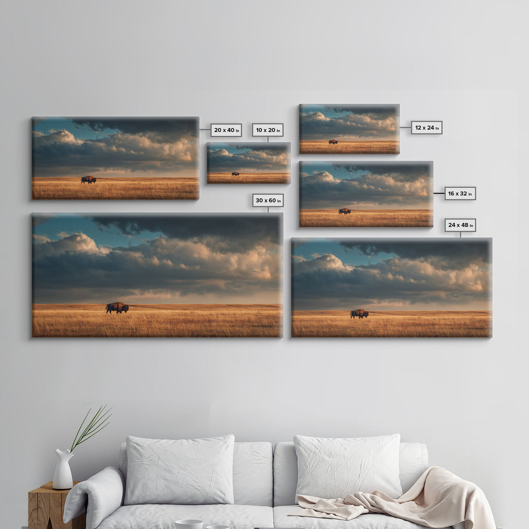 Buffalo Silhouette Beneath Enormous Sky Framed Canvas Print, Western Art, Contemporary Art, Southwestern Decor, Frontier, WES-2x1-28