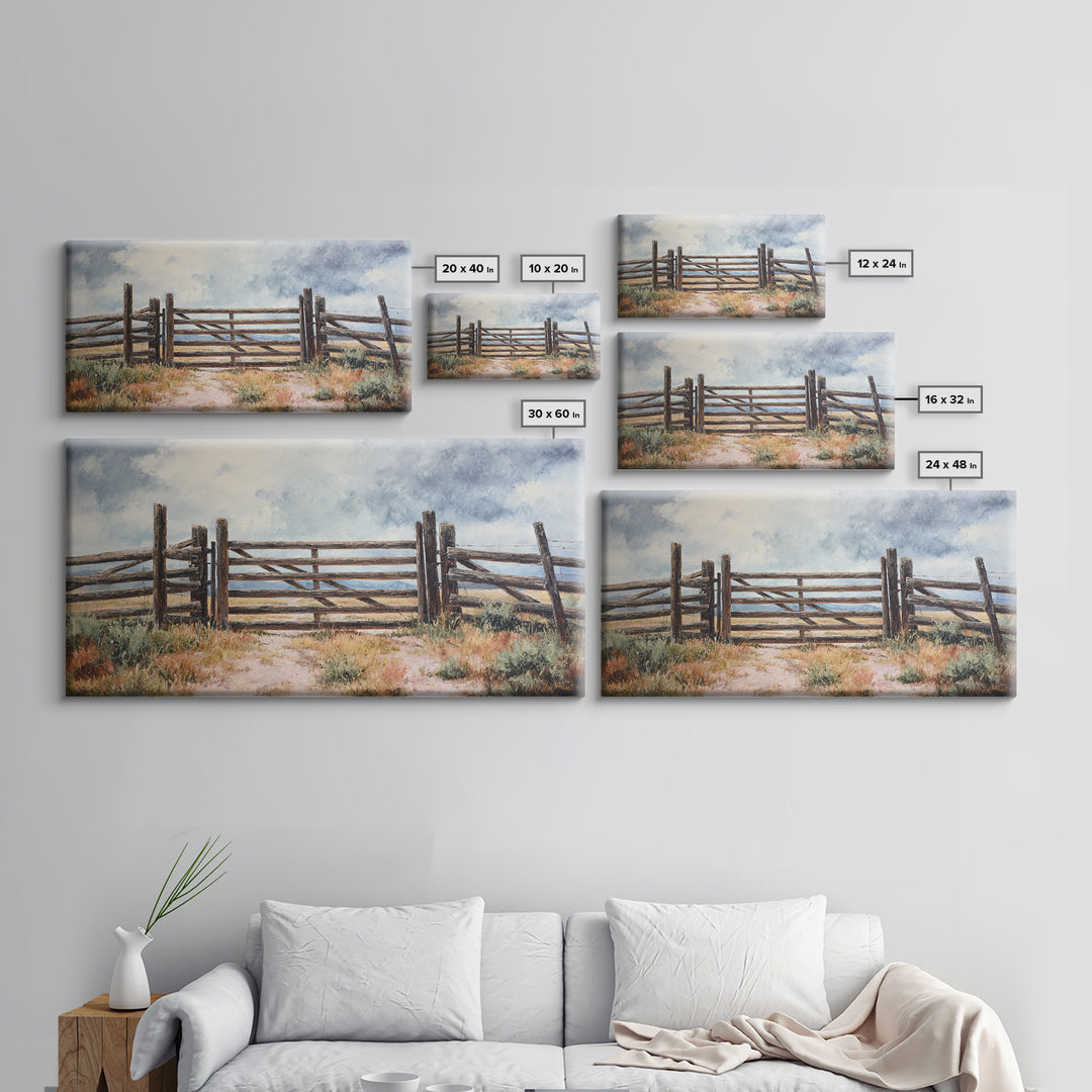 Sun Bleached Ranch Gate Framed Canvas Print, Western Art, Wall Art, Southwestern Decor, Watercolor Art, Frontier, WES-2x1-35