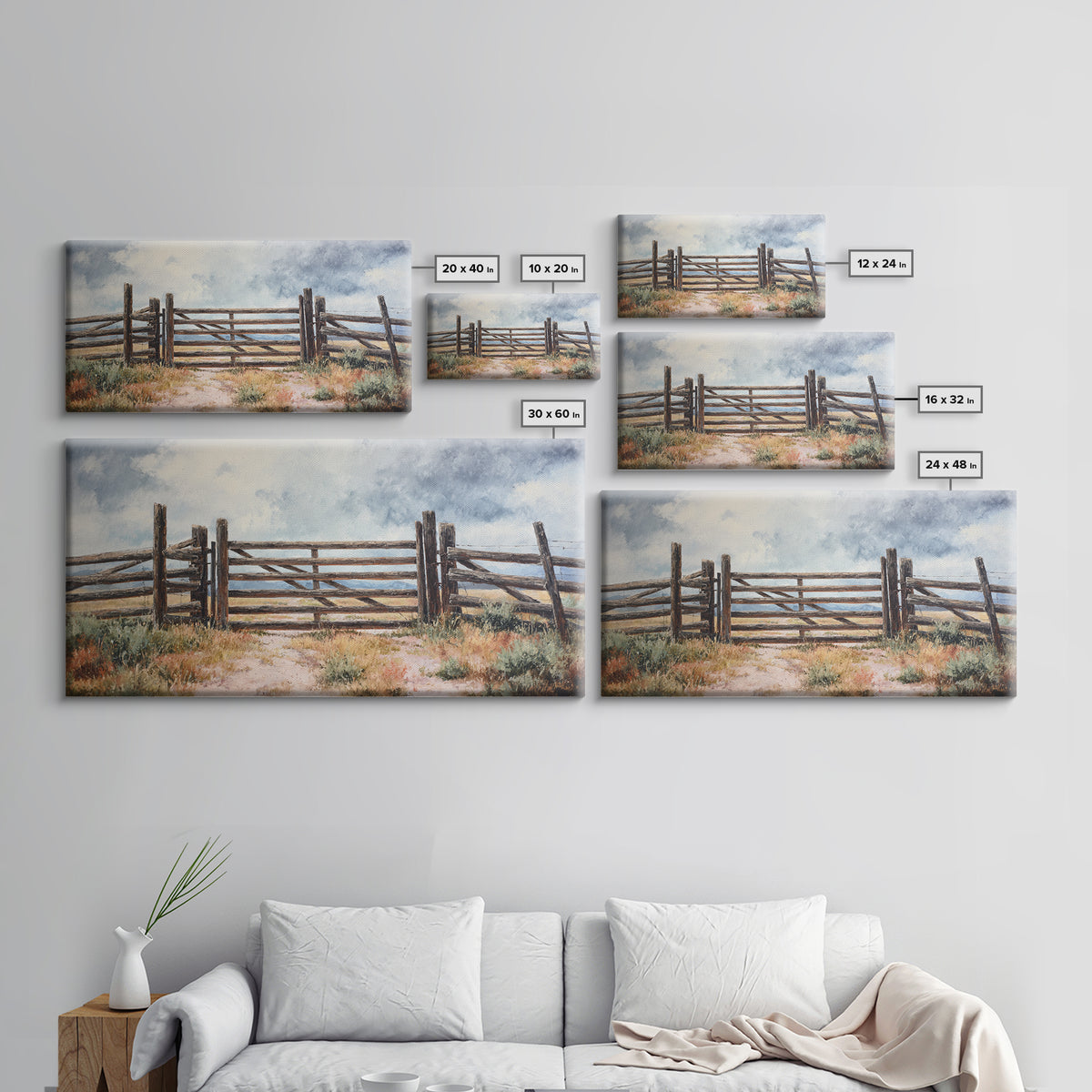 Sun Bleached Ranch Gate Framed Canvas Print, Western Art, Wall Art, Southwestern Decor, Watercolor Art, Frontier, WES-2x1-35