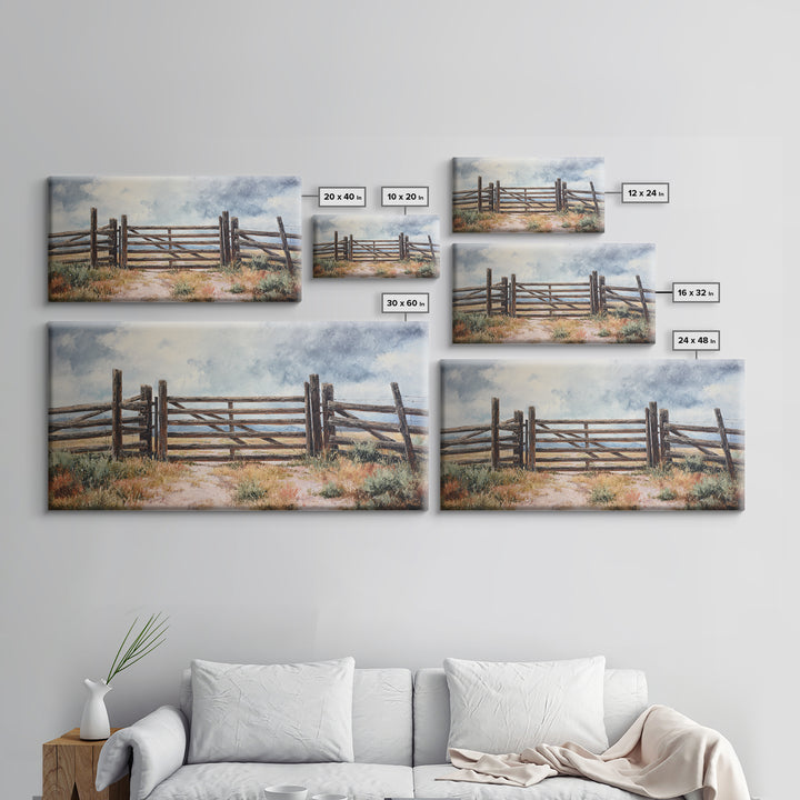 Sun Bleached Ranch Gate Framed Canvas Print, Western Art, Wall Art, Southwestern Decor, Watercolor Art, Frontier, WES-2x1-35