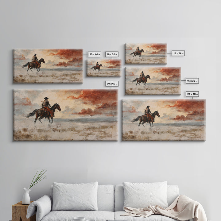Cowboy Riding Across Dusty Sunset Plains Framed Canvas Print, Western Art, Western Decor, Southwestern Decor, Frontier, WES-2x1-45