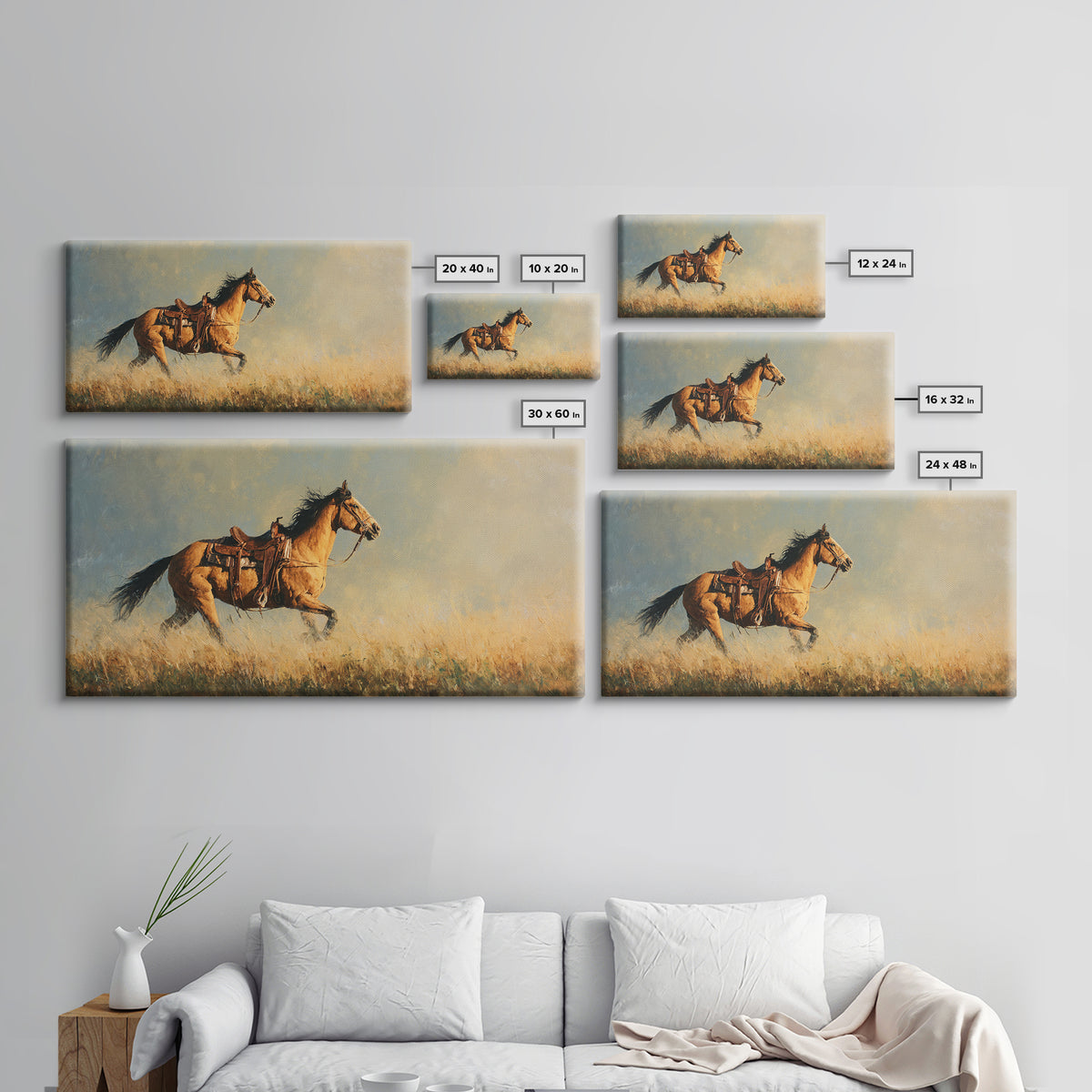 Buckskin Horse in Golden Prairie Light Framed Canvas Print, Western Art, Room Decor, Southwestern Decor, Fine Art, Frontier, WES-2x1-75