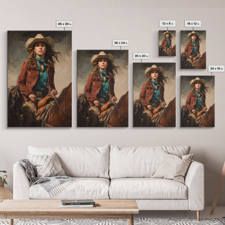 Cowgirl Portrait with Turquoise Jewelry Canvas Print, Western Art, Wall Art, Southwestern Decor, Oil Painting, Frontier, WES-2x3-14