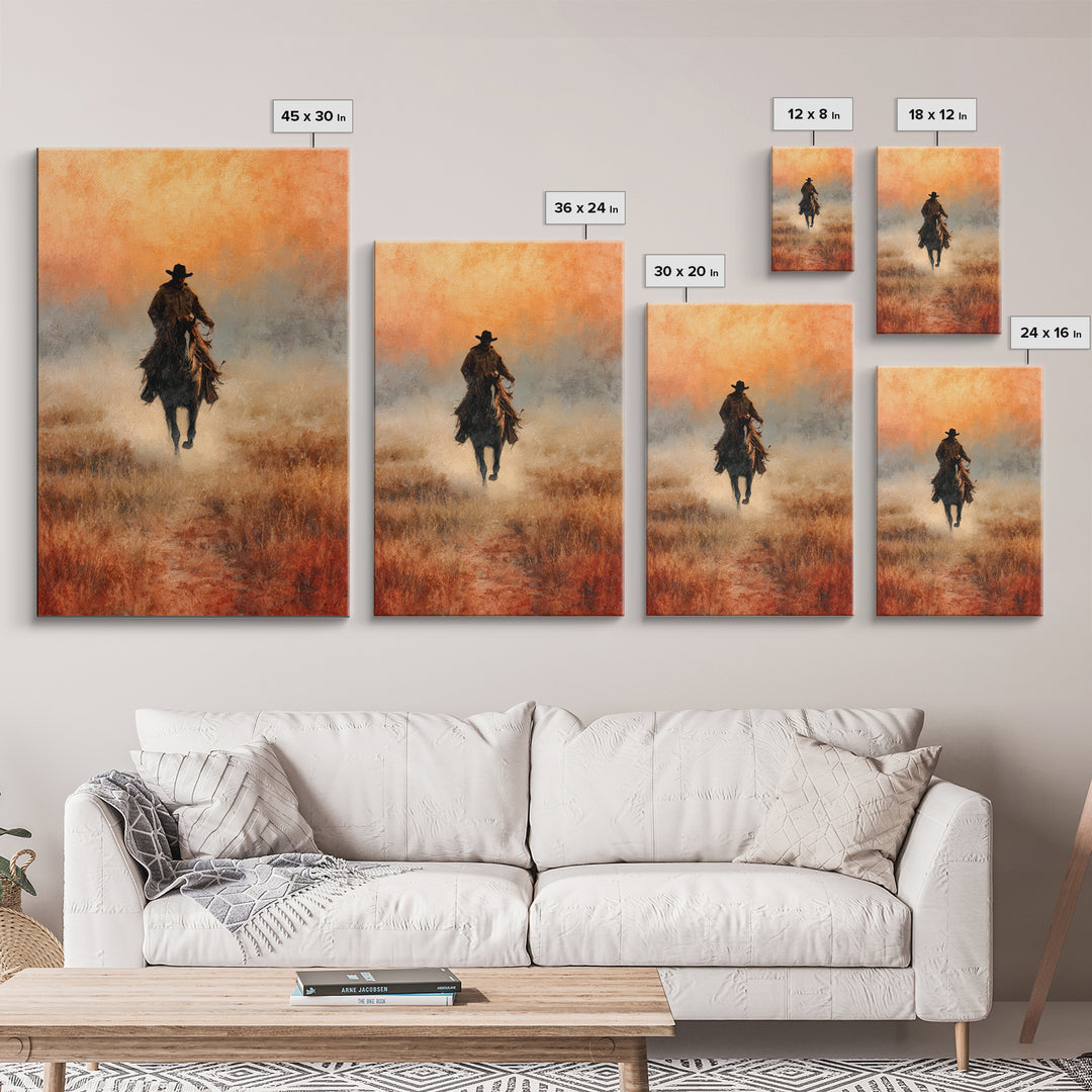 Cowboy Riding Across Dusty Sunset Plains Canvas Print, Western Art, Landscape Painting, Southwestern Decor, Frontier, WES-2x3-33