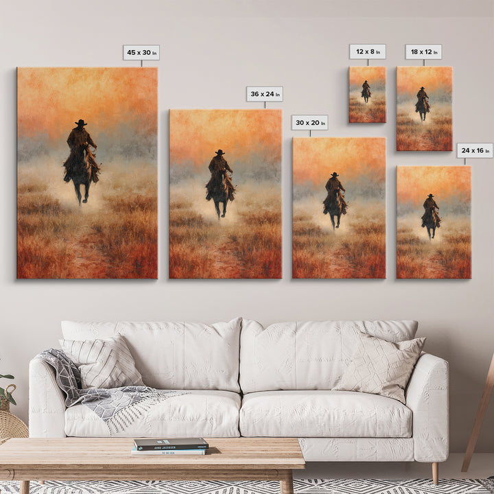 Cowboy Riding Across Dusty Sunset Plains Canvas Print, Western Art, Landscape Painting, Southwestern Decor, Frontier, WES-2x3-33