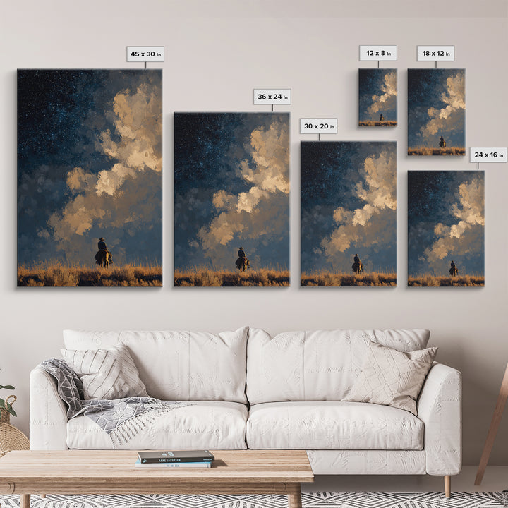 Cowboy Campfire under Starry Sky Framed Canvas Print, Western Art, Art, Southwestern Decor, Frontier, Western Wall Art, WES-2x3-46