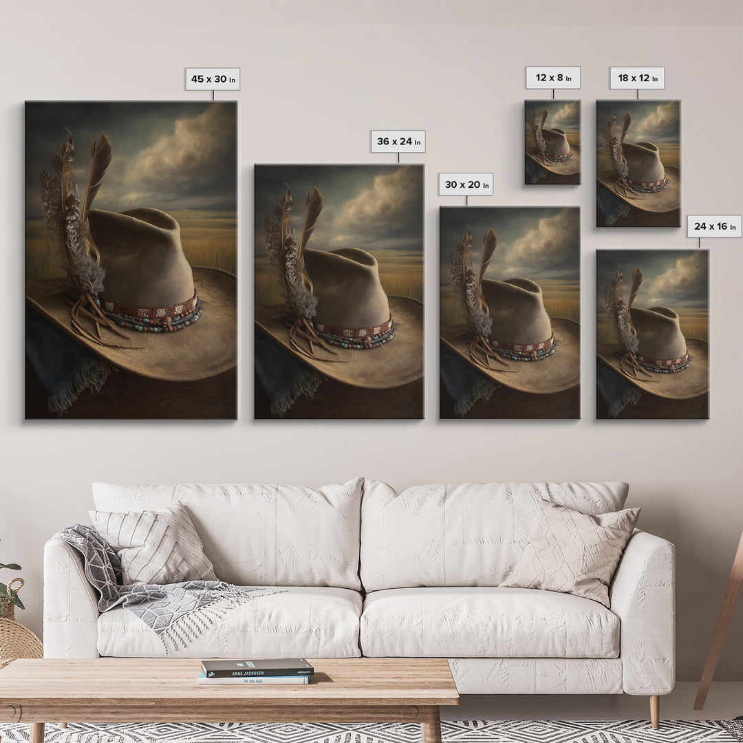 Cowboy Hat with Feathers and Beads Canvas Print, Western Art, Painting, Southwestern Decor, Fine Art, Frontier, Trendy Wall Art, WES-2x3-54