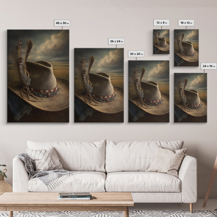 Cowboy Hat with Feathers and Beads Canvas Print, Western Art, Painting, Southwestern Decor, Fine Art, Frontier, Trendy Wall Art, WES-2x3-54