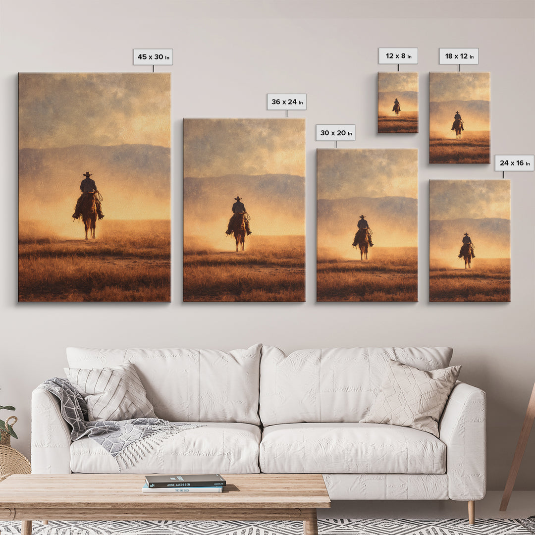 Cowboy Riding Across Dusty Sunset Plains Canvas Print, Western Art, Native American Art, Southwestern Decor, Oil Painting, WES-2x3-57