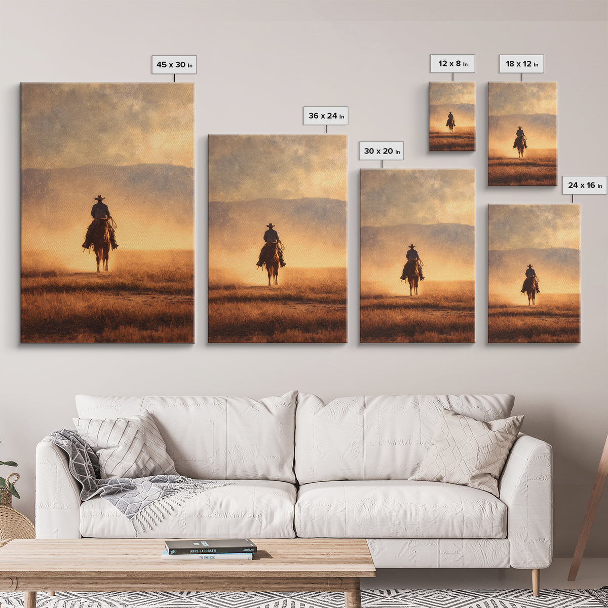 Cowboy Riding Across Dusty Sunset Plains Canvas Print, Western Art, Native American Art, Southwestern Decor, Oil Painting, WES-2x3-57