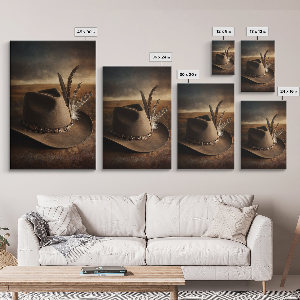 Cowboy Hat with Feathers and Beads Framed Canvas Print, Western Art, Minimalist Decor, Southwestern Decor, Fine Art, Frontier, WES-2x3-6