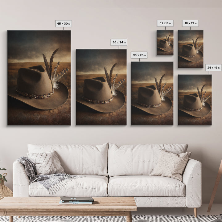 Cowboy Hat with Feathers and Beads Framed Canvas Print, Western Art, Minimalist Decor, Southwestern Decor, Fine Art, Frontier, WES-2x3-6