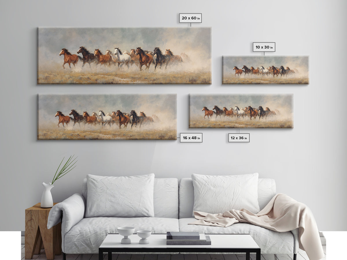 Wild Mustang Herd Framed Canvas Print, Western Art, Minimalist Wall Art, Southwestern Decor, Fine Art, Frontier, Horse Art, WES-3x1-18