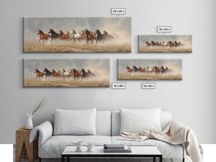 Wild Mustang Herd Framed Canvas Print, Western Art, Minimalist Wall Art, Southwestern Decor, Fine Art, Frontier, Horse Art, WES-3x1-18