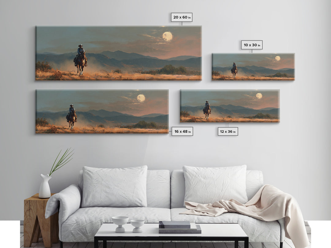 Desert Moon over Lone Rider Canvas Print, Western Art, Fine Art Print, Southwestern Decor, Fine Art, Frontier, Wall Decor, WES-3x1-3