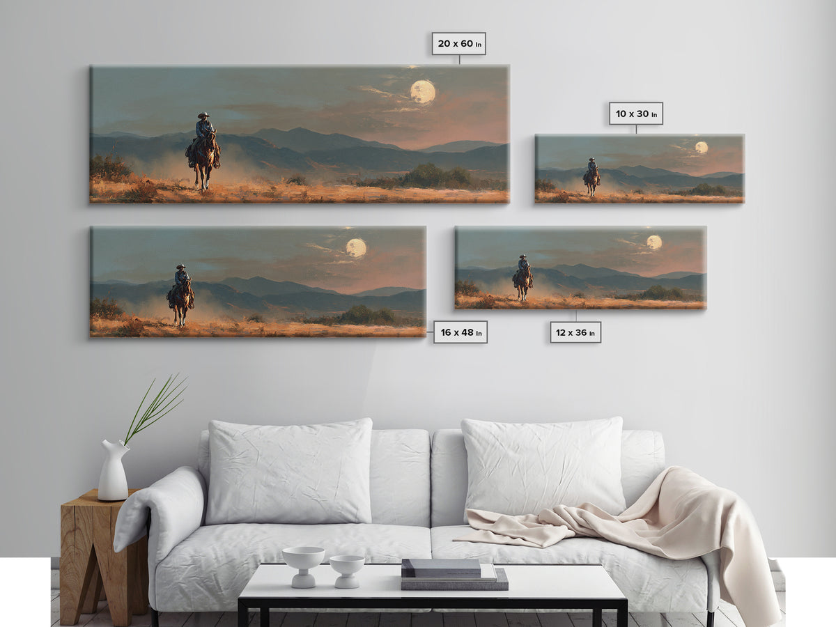 Desert Moon over Lone Rider Canvas Print, Western Art, Fine Art Print, Southwestern Decor, Fine Art, Frontier, Wall Decor, WES-3x1-3