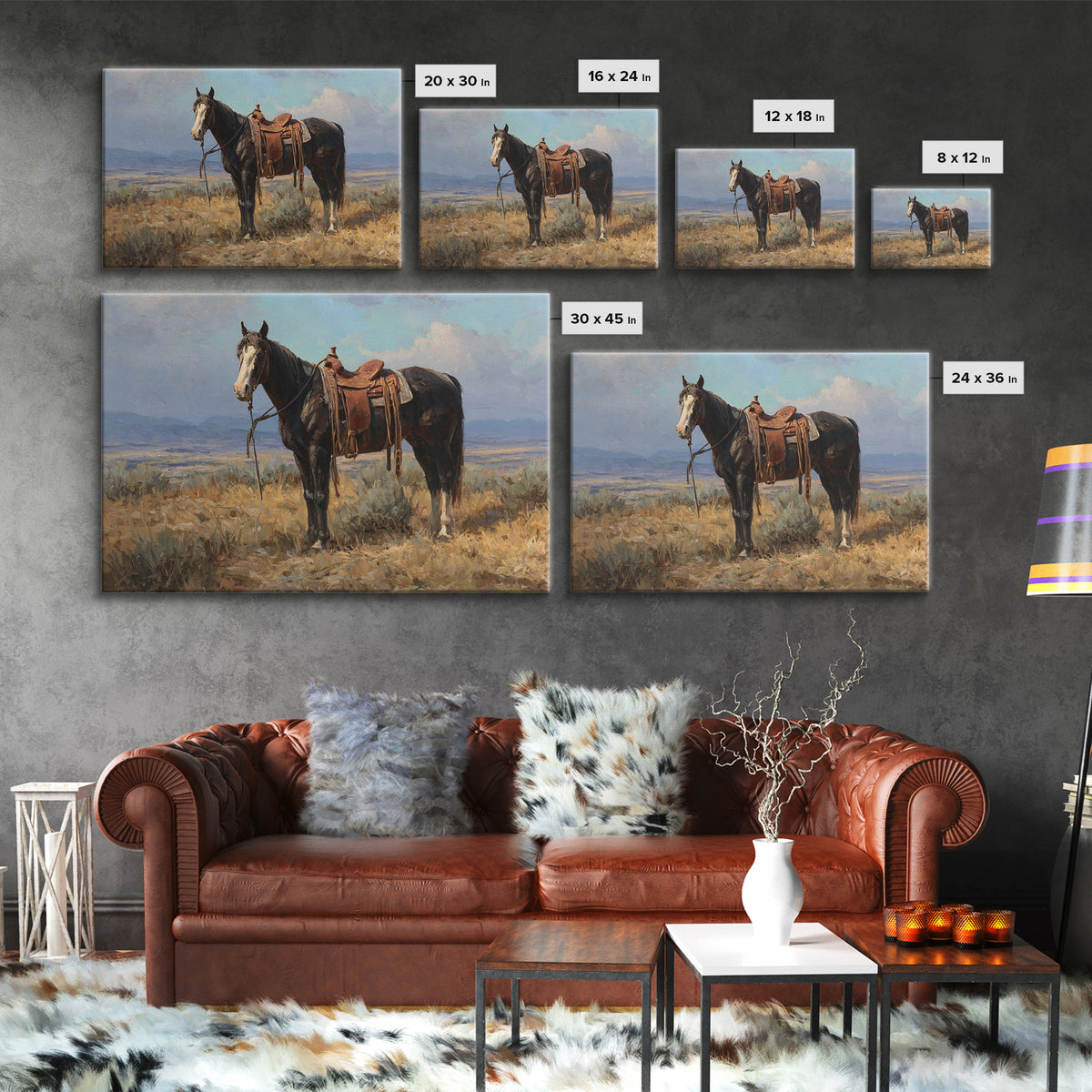 Black Horse Portrait Framed Canvas Print, Western Art, Landscape, Southwestern Decor, Fine Art, Frontier, Modern Decor, WES-3x2-46