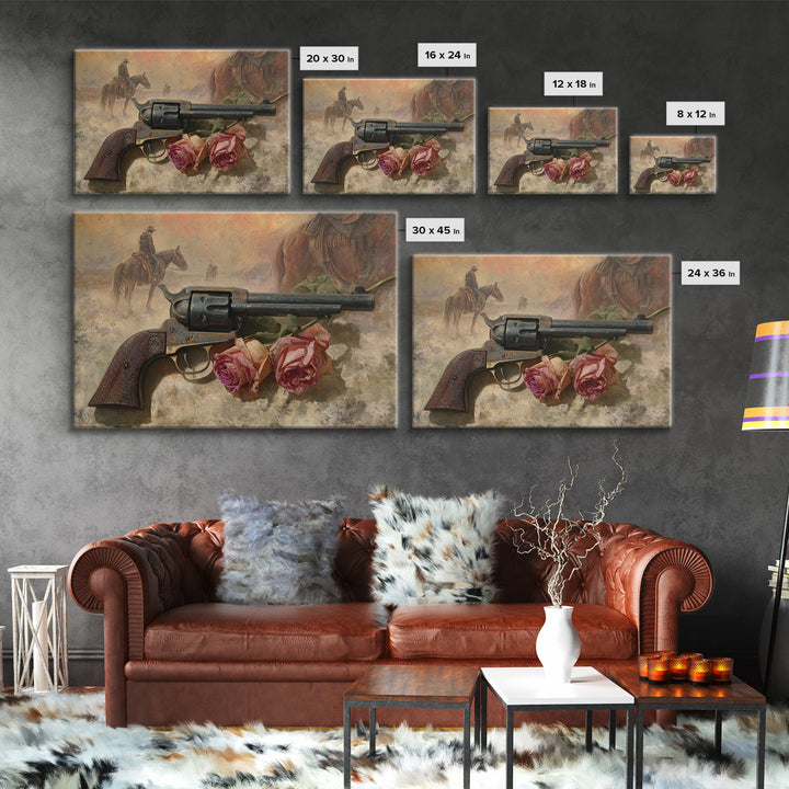 Old Revolver and Roses Framed Canvas Print, Western Art, Oil Painting, Southwestern Decor, Frontier, Digital Download Art, WES-3x2-47