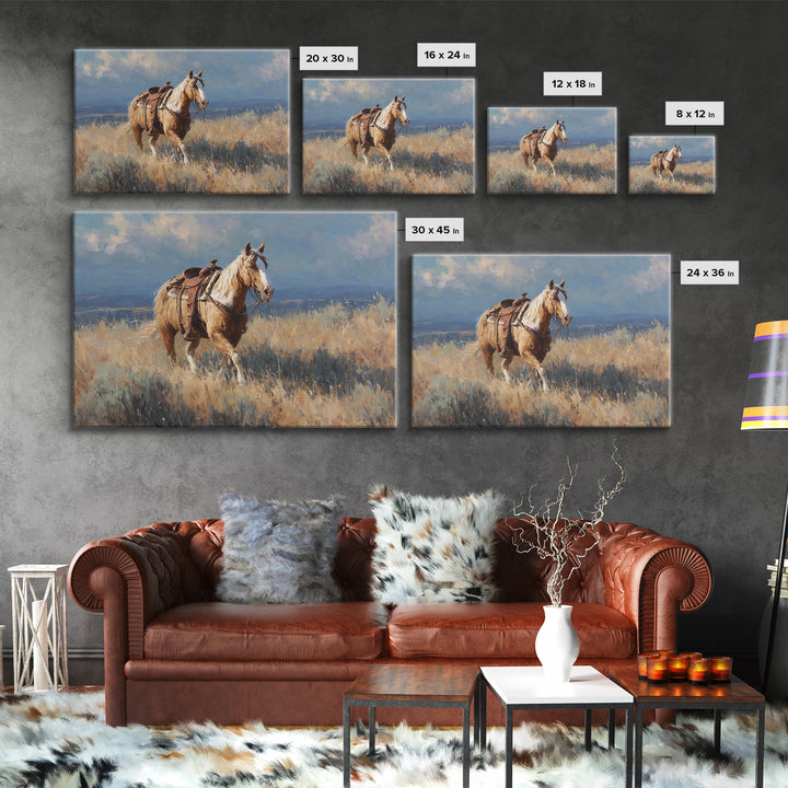 Buckskin Horse in Golden Prairie Light Framed Canvas Print, Western Art, Oil Painting, Southwestern Decor, Frontier, Landscape, WES-3x2-59