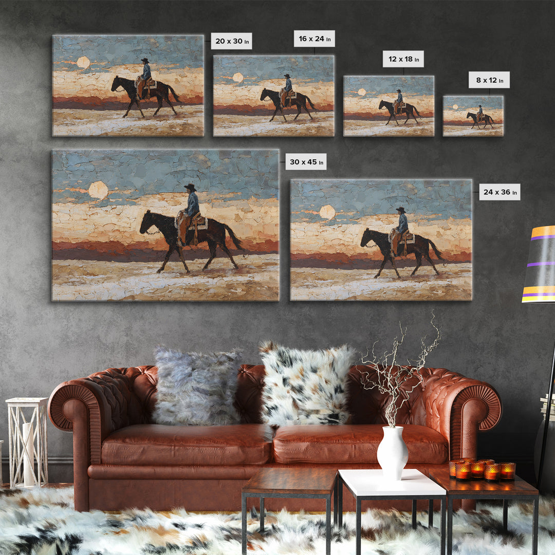 Desert Moon over Lone Rider Framed Canvas Print, Western Art, Western Home Decor, Southwestern Decor, Oil Painting, Frontier, WES-3x2-63