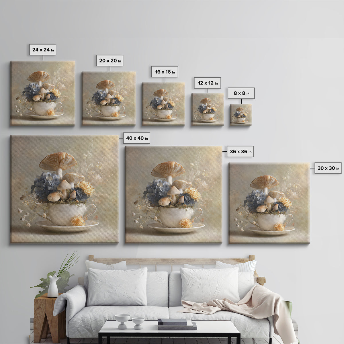 Teacup Garden with Tiny Mushrooms Framed Canvas Print, Whimsical Art, Watercolor Art, Living Room Decor, Fine Art, Wonder, WHI-1x1-100