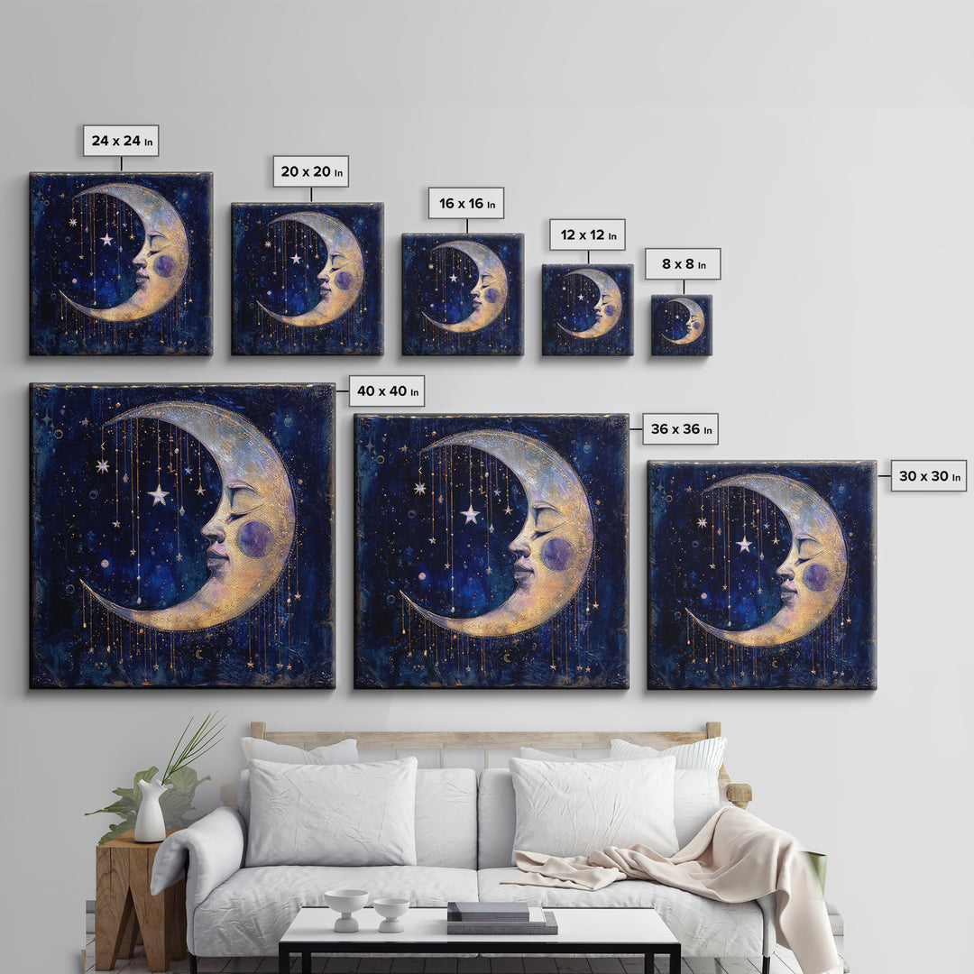 Moon with Sleeping Face and Dangling Stars Framed Canvas Print, Whimsical Art, Printable Art, Living Room Decor, Wonder, WHI-1x1-16